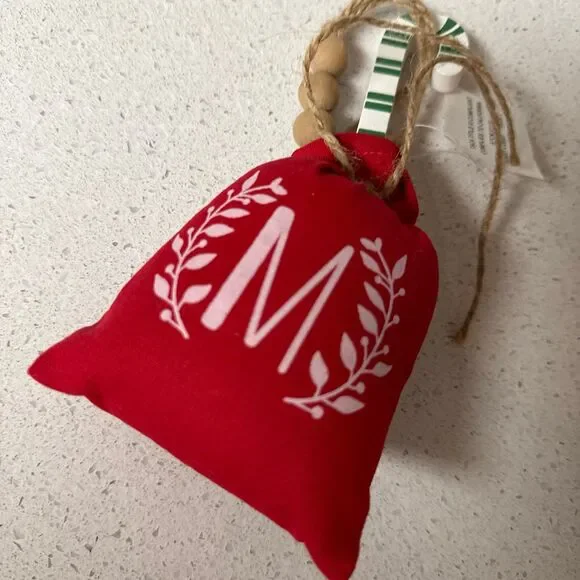 Farmhouse Monogram “M” Ornament | Red Fabric Christmas Decor | NWT - Picture 3 of 4